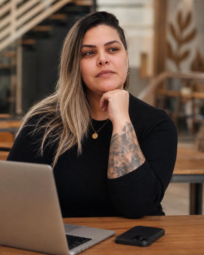Bianca Souza, fundadora da Vortex Company, sentada à mesa com o notebook, com a mão apoiada no queixo