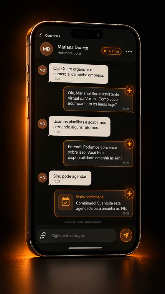 Ilustração de uma conversa no celular com resposta assistida por inteligência artificial